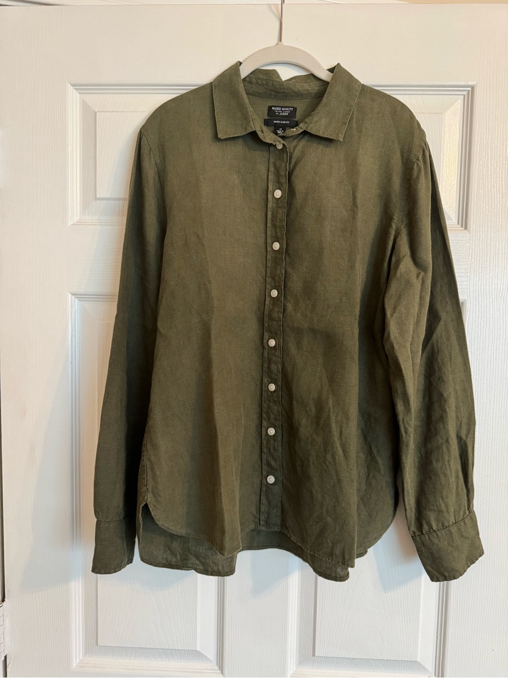 J. Crew Wren Slim Fit Shirt in Baird McNutt Irish Linen, in an olive green shade